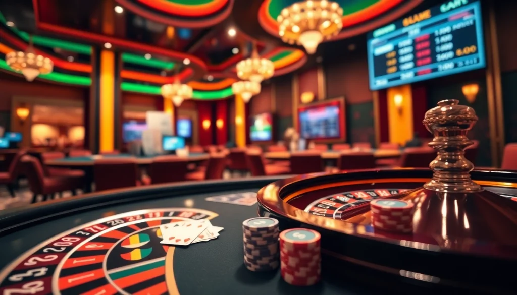 Experience the thrill of s8 gaming with elegant poker tables and roulette wheels in a luxurious casino.