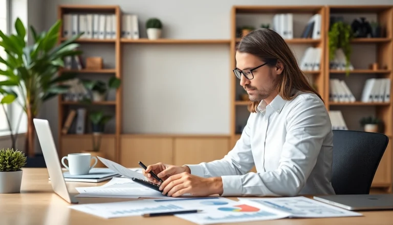 Biuro rachunkowe dla firmy budowlanej z profesjonalnym księgowym analizującym dokumenty finansowe.