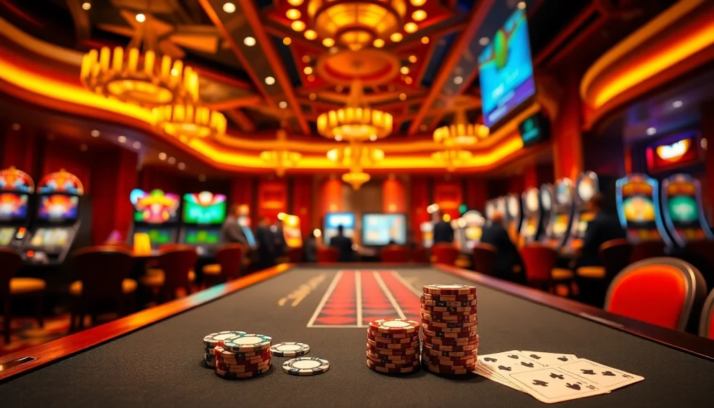 RR88 offers an exciting poker game experience with vibrant chips and elegant casino tables.