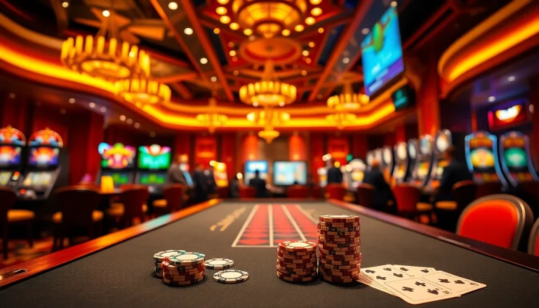 RR88 offers an exciting poker game experience with vibrant chips and elegant casino tables.