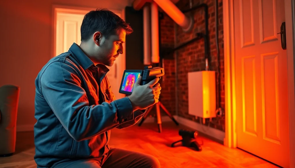 Technician detecting a central heating hidden leak using thermal imaging technology.