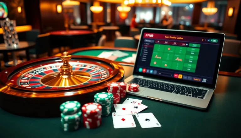 F168 casino scene featuring roulette wheel, poker chips, and playing cards.