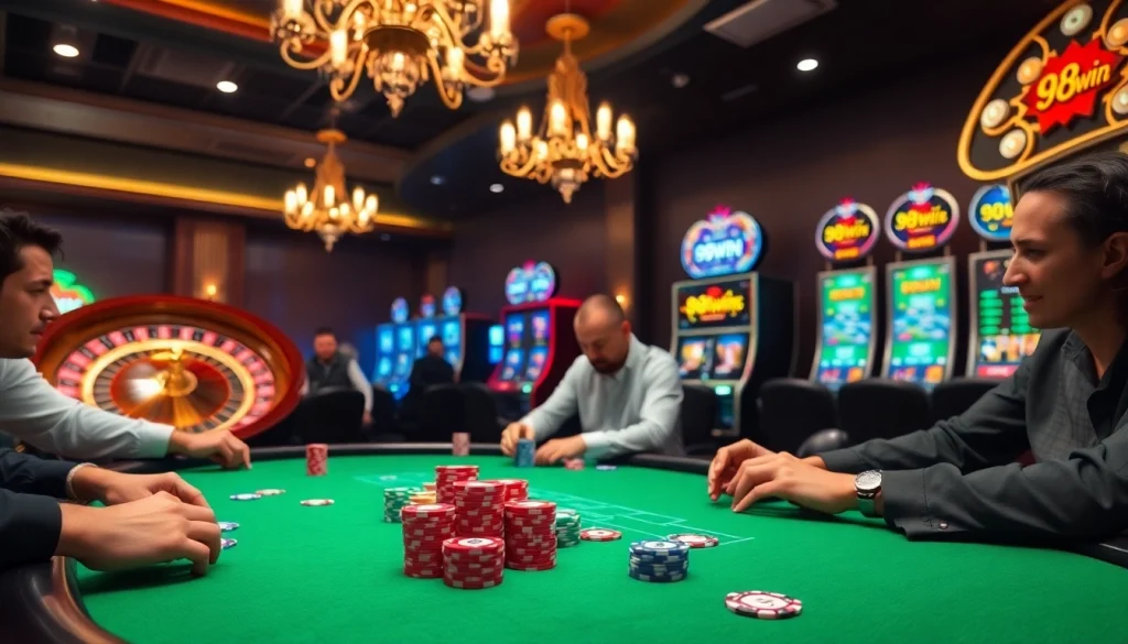 Intense poker gameplay at 98win casino, highlighting vibrant chips and a roulette wheel.