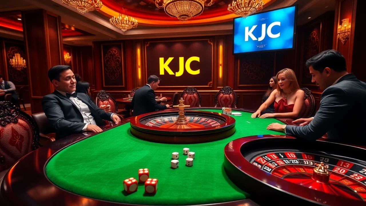 KJC logo integrated in a luxurious casino experience featuring poker table, roulette wheel, and engaged players.