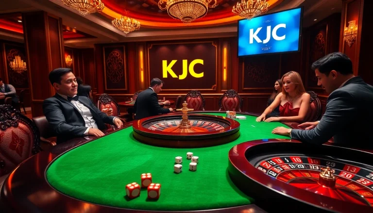 KJC logo integrated in a luxurious casino experience featuring poker table, roulette wheel, and engaged players.