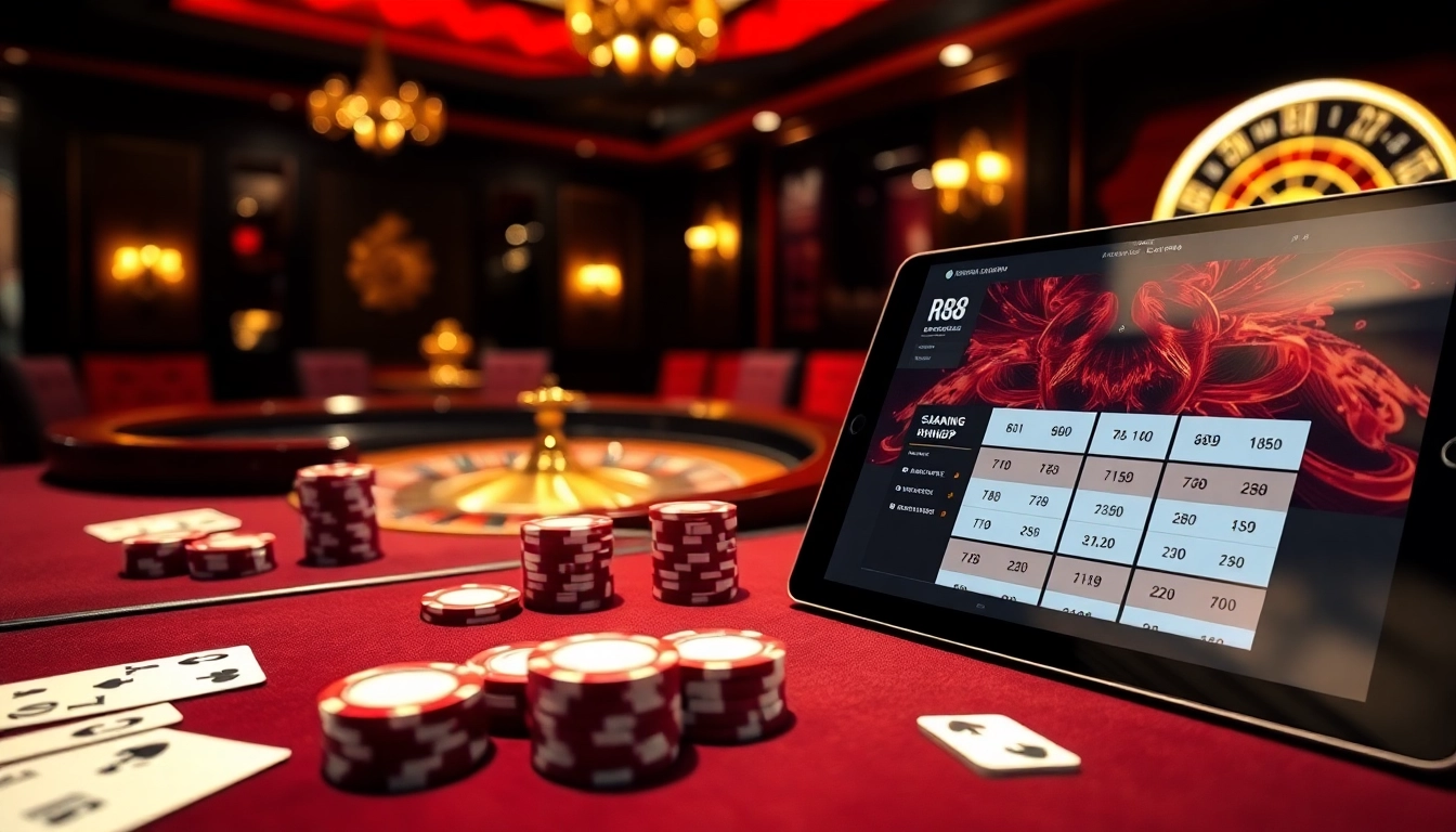 RR88 Đăng nhập interface displayed on a tablet amidst a luxury casino setting with poker chips and cards.
