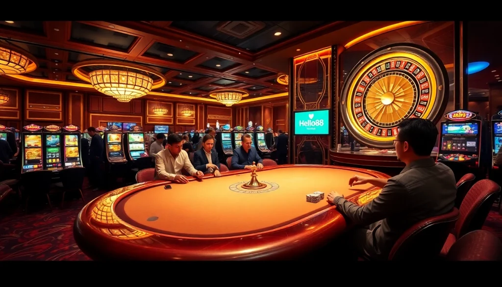 Exciting casino scene showcasing Hello88 gaming ambience with poker tables, roulette wheels, and slot machines.