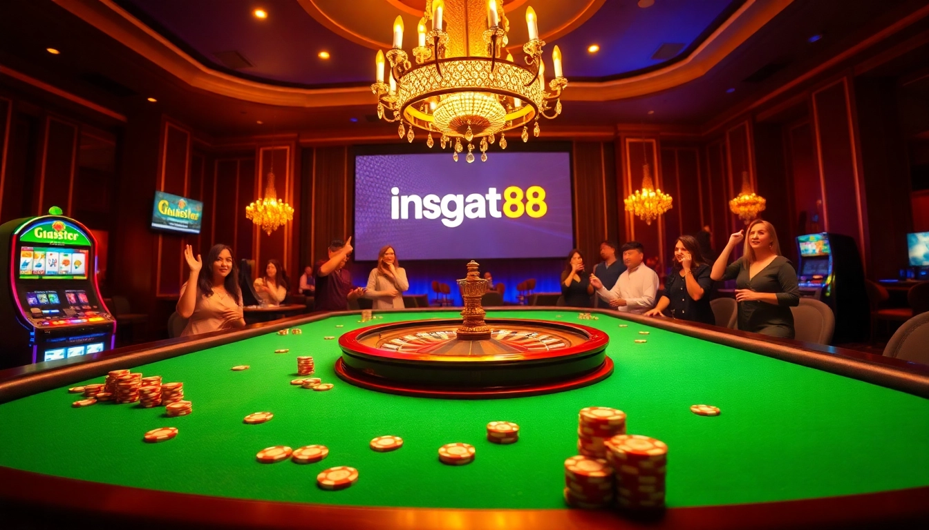 Experience the excitement of ingat bola88 with players at a vibrant casino table surrounded by slot machines.