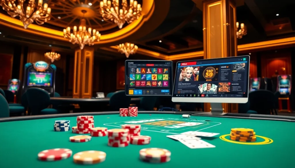 Experience the excitement of online gambling at HM88 with vibrant casino tables and digital interfaces.