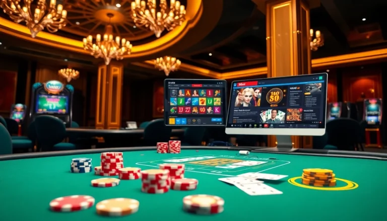 Experience the excitement of online gambling at HM88 with vibrant casino tables and digital interfaces.