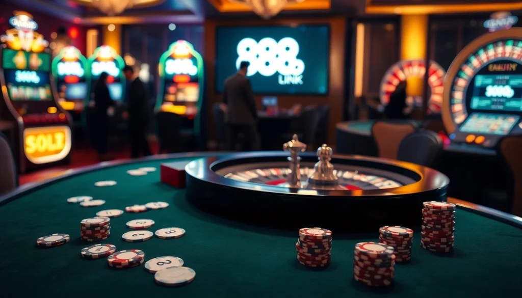 Visualize thrilling action at a casino with the 888b link prominently featured on a gaming table.