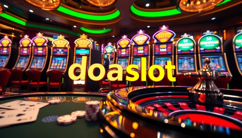 Spin the reels at doaslot in a luxurious casino filled with vibrant slot machines and poker chips.
