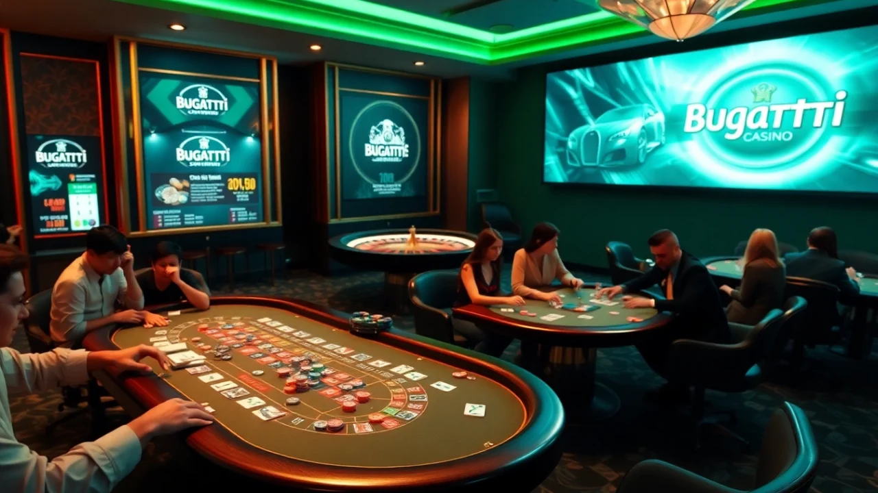 Engage with Bugatti8 while playing thrilling casino games at vibrant poker and roulette tables.