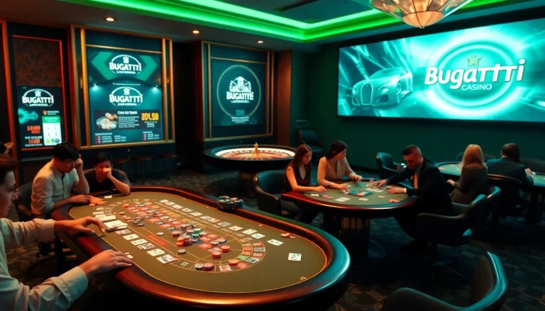 Engage with Bugatti8 while playing thrilling casino games at vibrant poker and roulette tables.