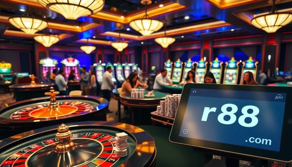 Players enjoying table games at rr88.com casino with vibrant slot machines and poker chips.