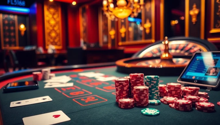 Experience the thrill of Baccarat at https://f168.studio/ with a luxurious casino setting showcasing cards and chips.