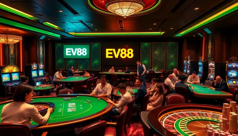 Players engaging in card games at the EV88 luxury casino, showcasing excitement and high-stakes action.