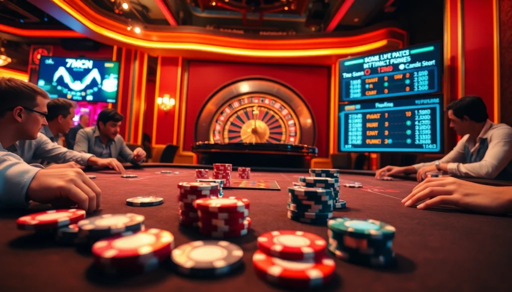 Experience live poker excitement at 7mcn with players, chips, and vibrant casino atmosphere.