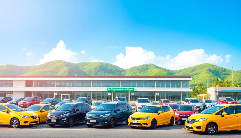 Kuching rent car services showcased at the airport, featuring colorful vehicles and friendly staff assisting travelers.