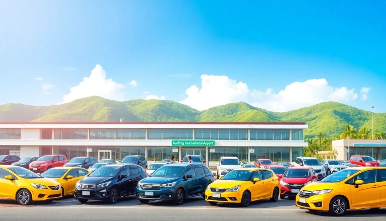 Kuching rent car services showcased at the airport, featuring colorful vehicles and friendly staff assisting travelers.