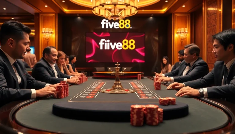 Exciting gambling scene at five88 casino featuring a luxurious poker table and roulette wheel.