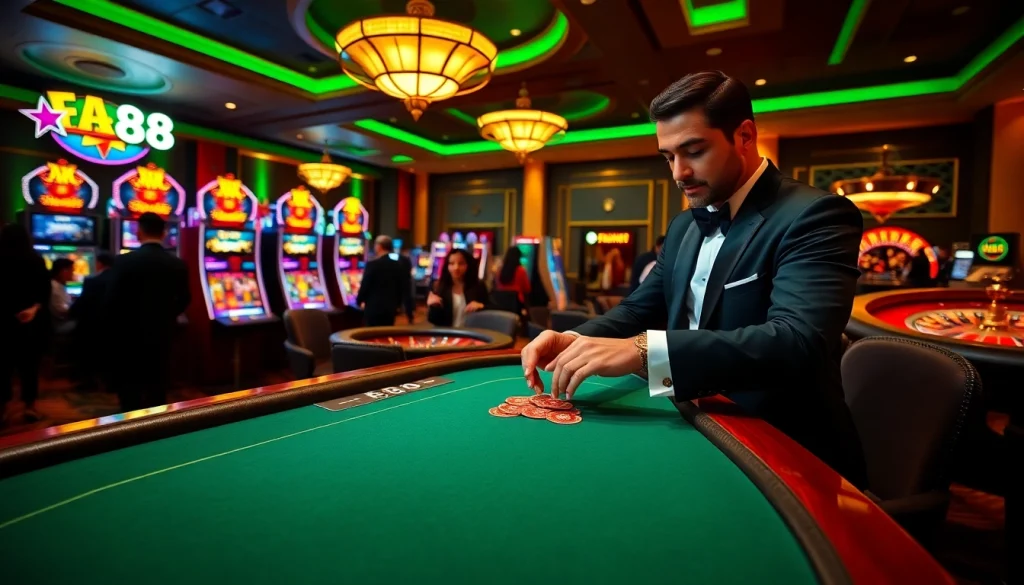 Experience excitement at FB88 casino with a dealer at a luxurious gaming table.