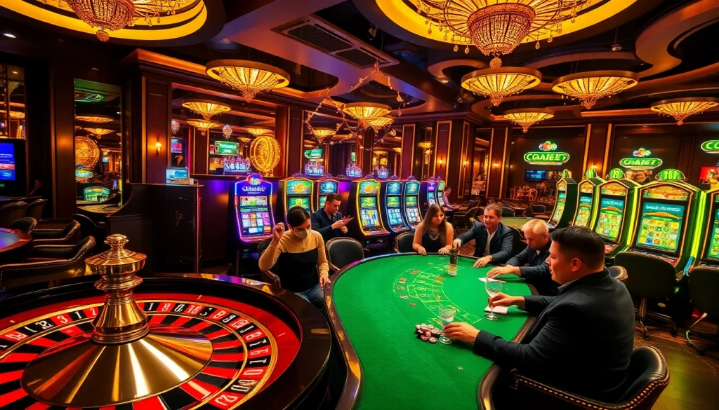 A player celebrating a win at the vibrant gambling scene at loto188.gb.net, featuring roulette and poker tables.