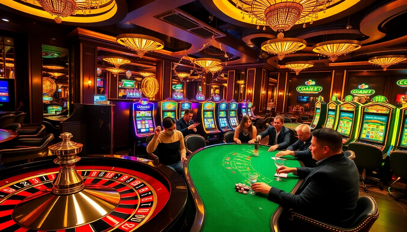 A player celebrating a win at the vibrant gambling scene at loto188.gb.net, featuring roulette and poker tables.