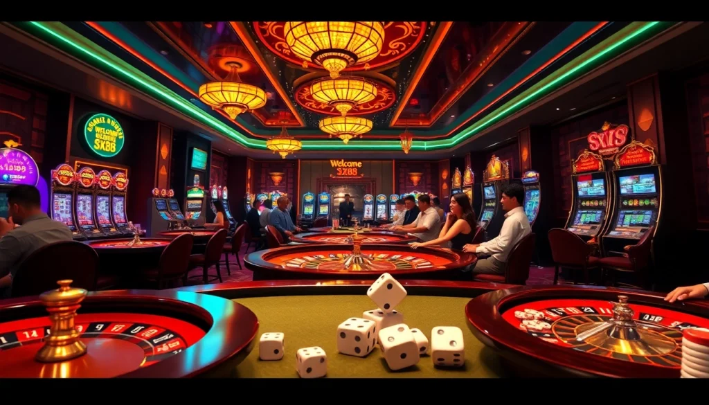 SX88 casino scene featuring a vibrant gaming floor with roulette and enthusiastic players.