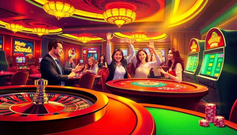 Players winning at fun79 casino games with vibrant slot machines and poker chips.