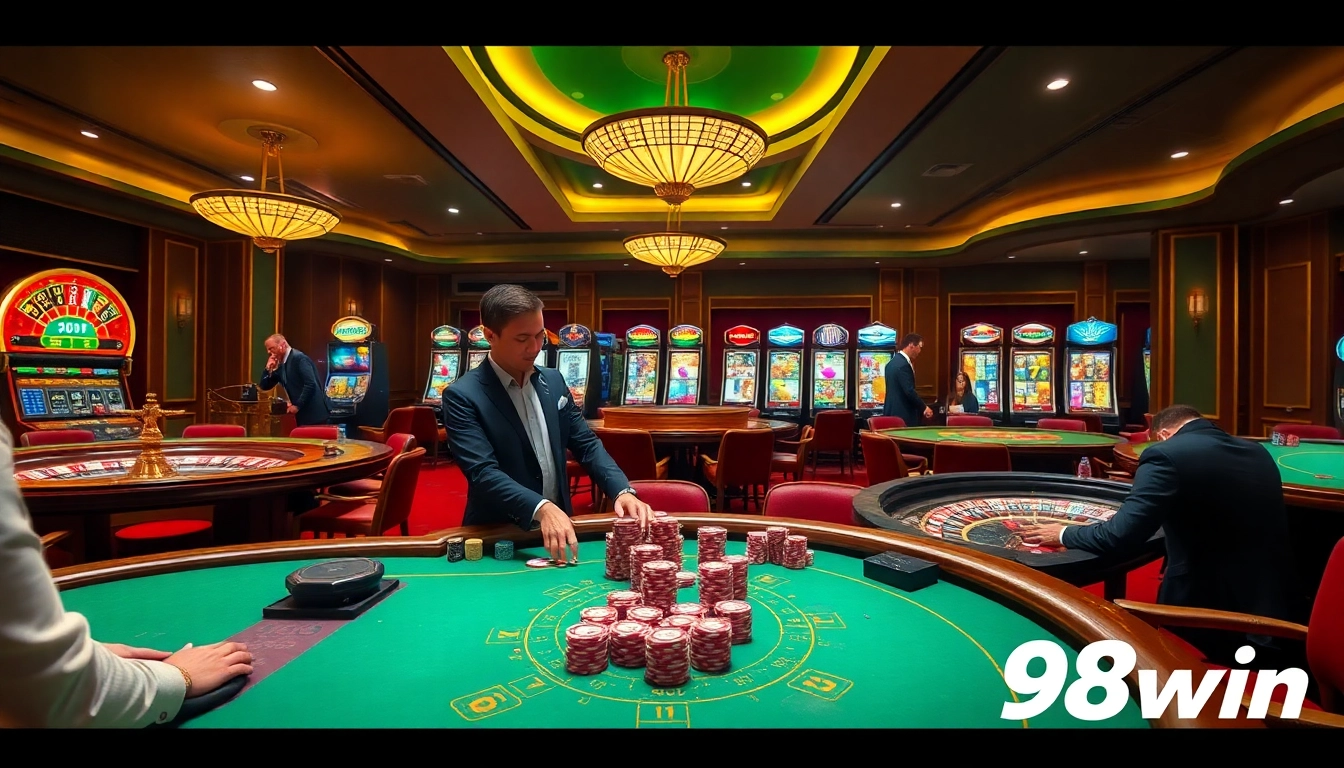 Experience thrilling gameplay at 98win's vibrant online casino, with engaging tables and dynamic slot machines.