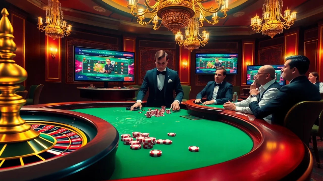 Casino excitement at a poker table representing xo88t3 with roulette wheel and chips.