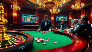 Casino excitement at a poker table representing xo88t3 with roulette wheel and chips.