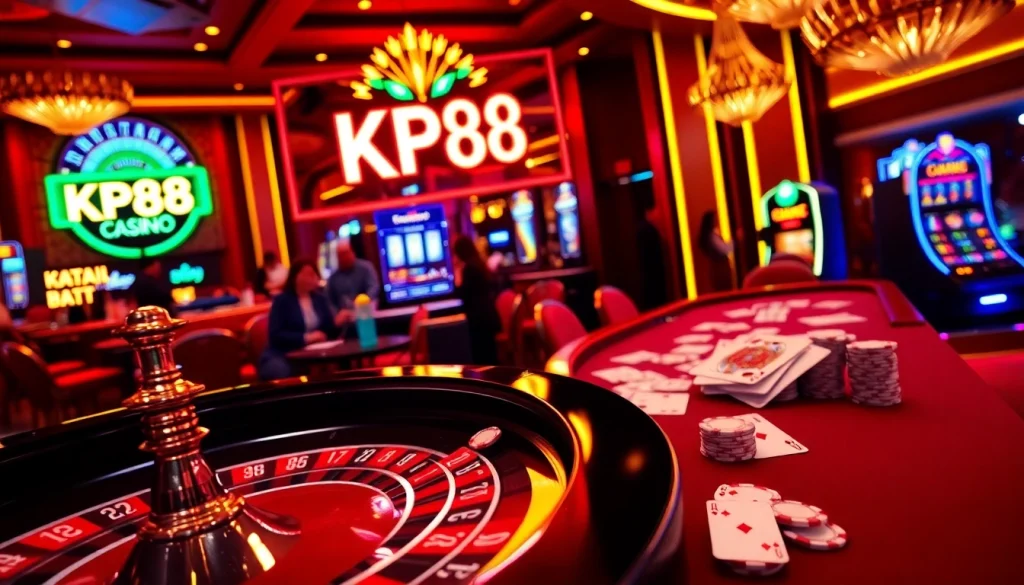 KP88 casino players engaging at a roulette table and vivid slot machines for an immersive gambling experience.