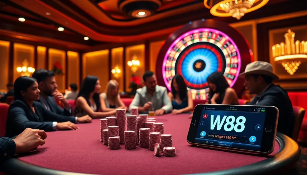 Experience thrilling gameplay with tải w88 in a digital casino setting filled with poker chips and cards.