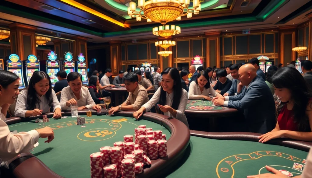 Experience the excitement at GG88 with gamblers enjoying high-stakes poker and roulette in a luxurious casino.