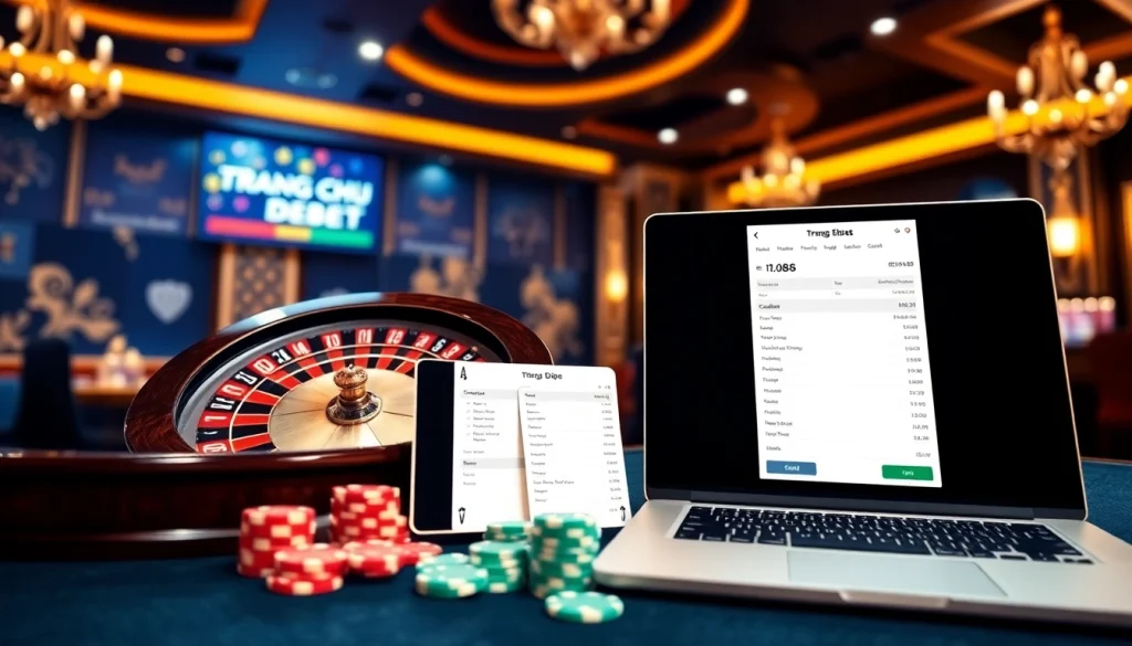 Engaging gambling scene on Trang chủ Debet with poker chips, a roulette wheel, and a digital interface.