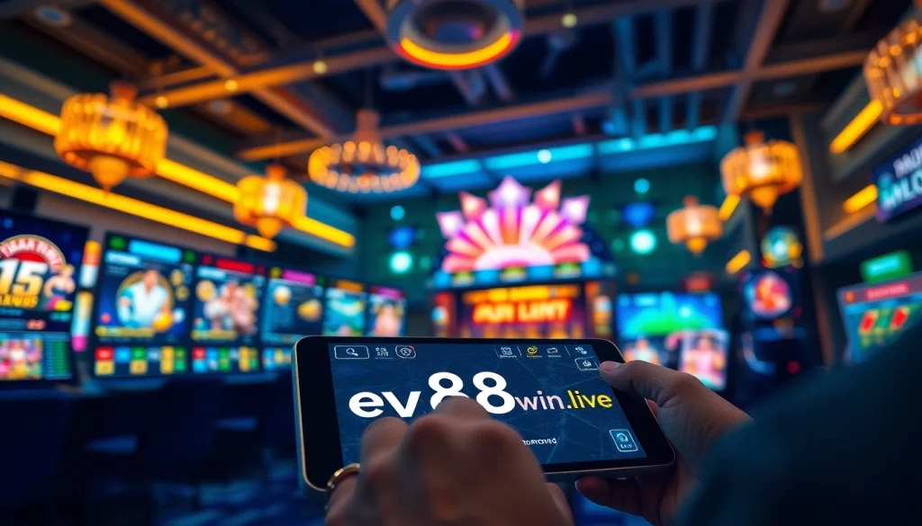 Explore the exciting gaming atmosphere of ev88win.live with a player enjoying a modern digital casino interface.