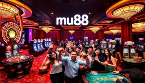 Players enjoying exciting casino games at mu88, celebrating wins at roulette and slot machines.