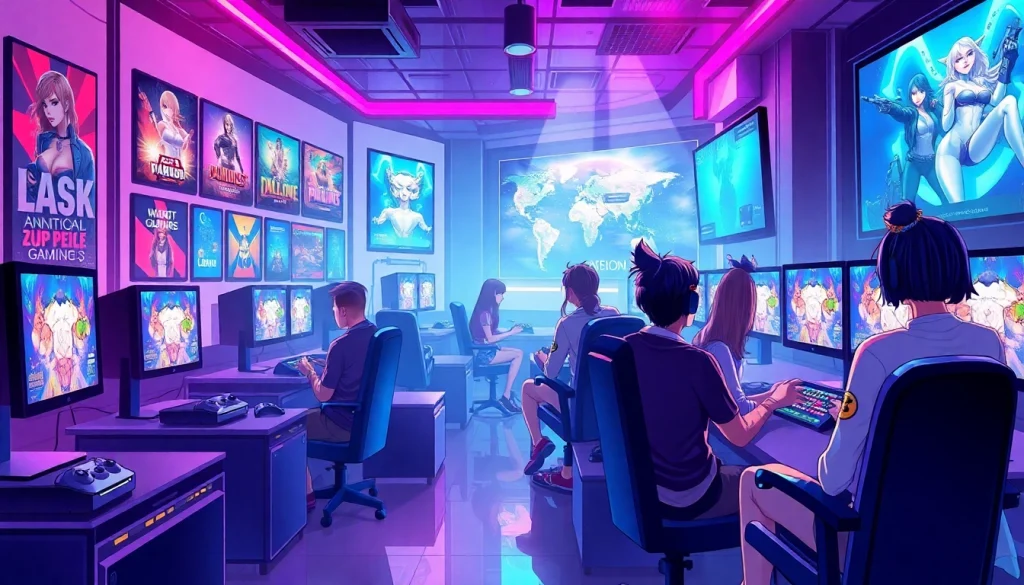 Exciting gaming hub filled with diverse characters playing XXX games on high-tech consoles.