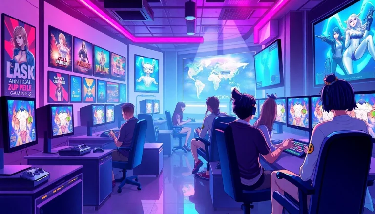 Exciting gaming hub filled with diverse characters playing XXX games on high-tech consoles.