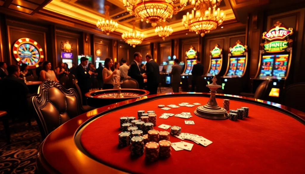 Experience the excitement at Trang chủ Five88 with players enjoying poker and roulette in a luxurious casino setting.