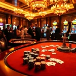 Experience the excitement at Trang chủ Five88 with players enjoying poker and roulette in a luxurious casino setting.