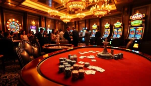 Experience the excitement at Trang chủ Five88 with players enjoying poker and roulette in a luxurious casino setting.