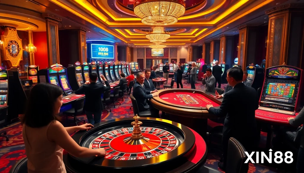 XIN88 casino area filled with exciting games and vibrant slot machines, showcasing sophisticated gambling