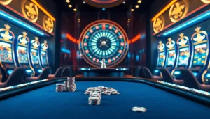 Players engaging at MK 8 casino, showcasing vibrant poker tables and a spinning roulette wheel.