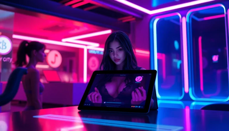 Engaging interaction with an NSFW character AI in a vibrant, tech-savvy environment.