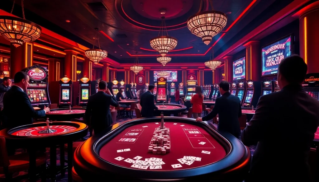 A vibrant casino scene showcasing players at gaming tables capturing the excitement of https://gamemanclub.wiki.