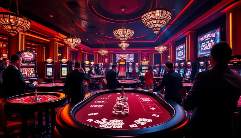 A vibrant casino scene showcasing players at gaming tables capturing the excitement of https://gamemanclub.wiki.