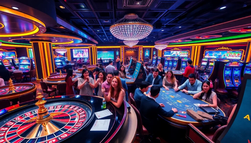 Exciting gameplay scene at say88 nhà cái with roulette wheels, poker tables, and enthusiastic players.